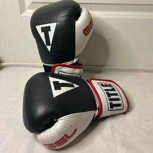 Title Boxing Gloves Gel Enforced Lining Leather Black White and Red 12oz